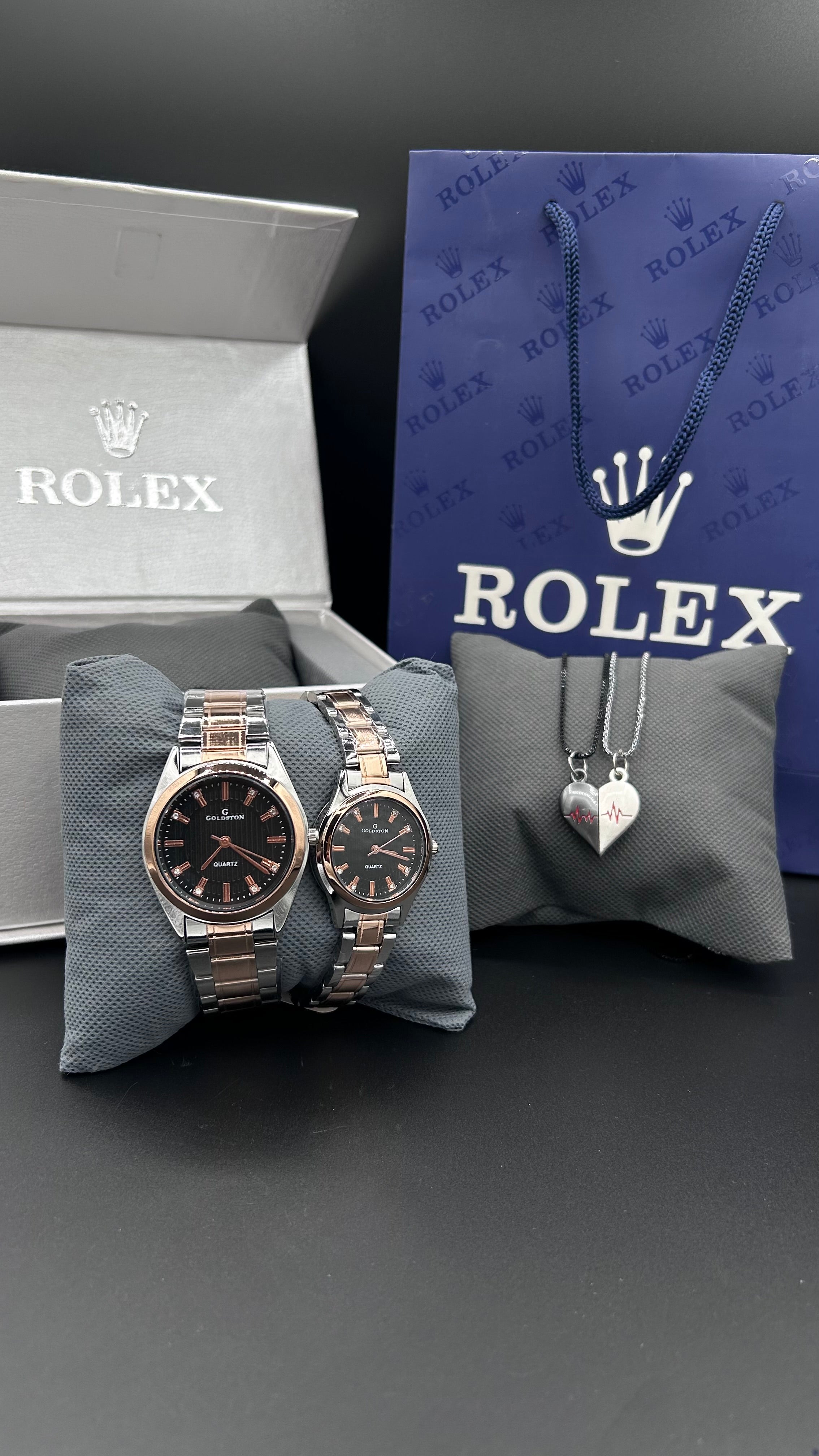 Bundle Offer | Couple Chain Watch Slim TTC-Bk + Magnetic Heart Necklace - Premium Rolex Box