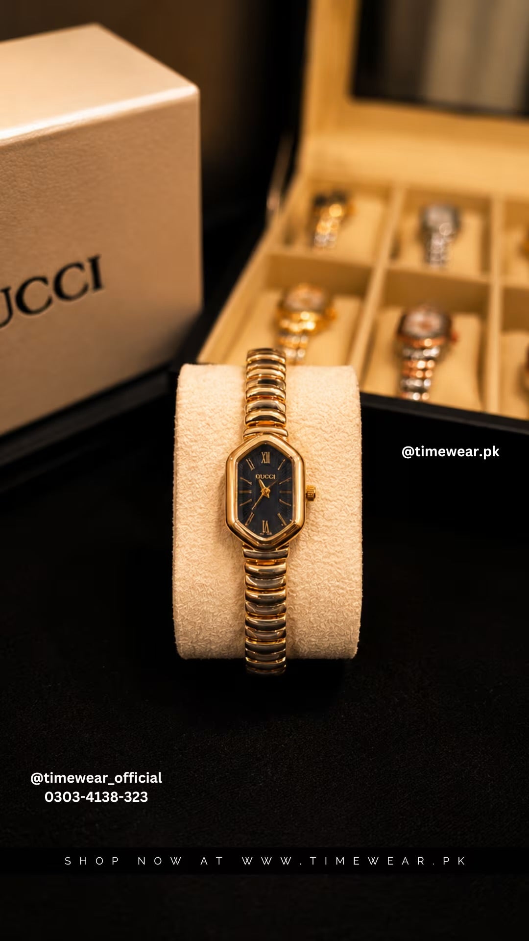 Gucci Ladies Golden Chain Black Dial with Gucci Box & One Year Warranty