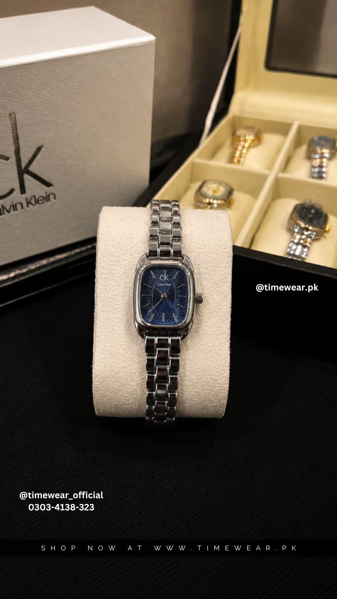 Calvin Klein Square Silver Chain Blue Dial with CK Box & One Year Warranty