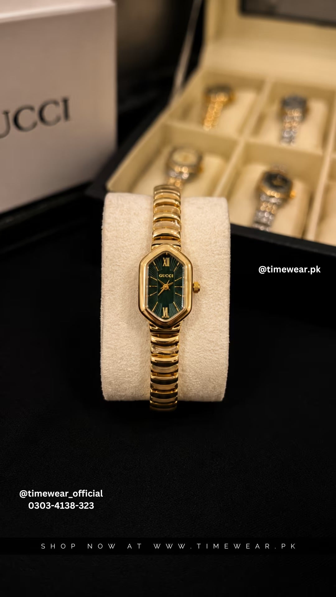 Gucci Ladies Golden Chain Green Dial with Gucci Box & One Year Warranty