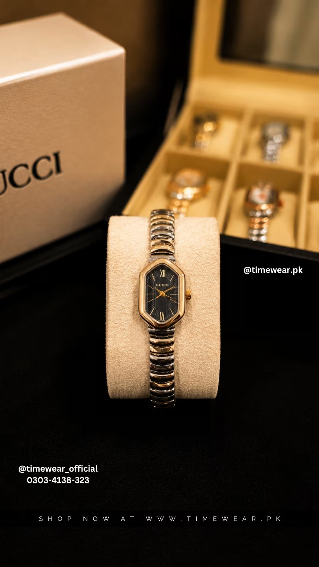 Gucci Ladies Two Tone Chain Golden Black Dial with Gucci Box & One Year Warranty