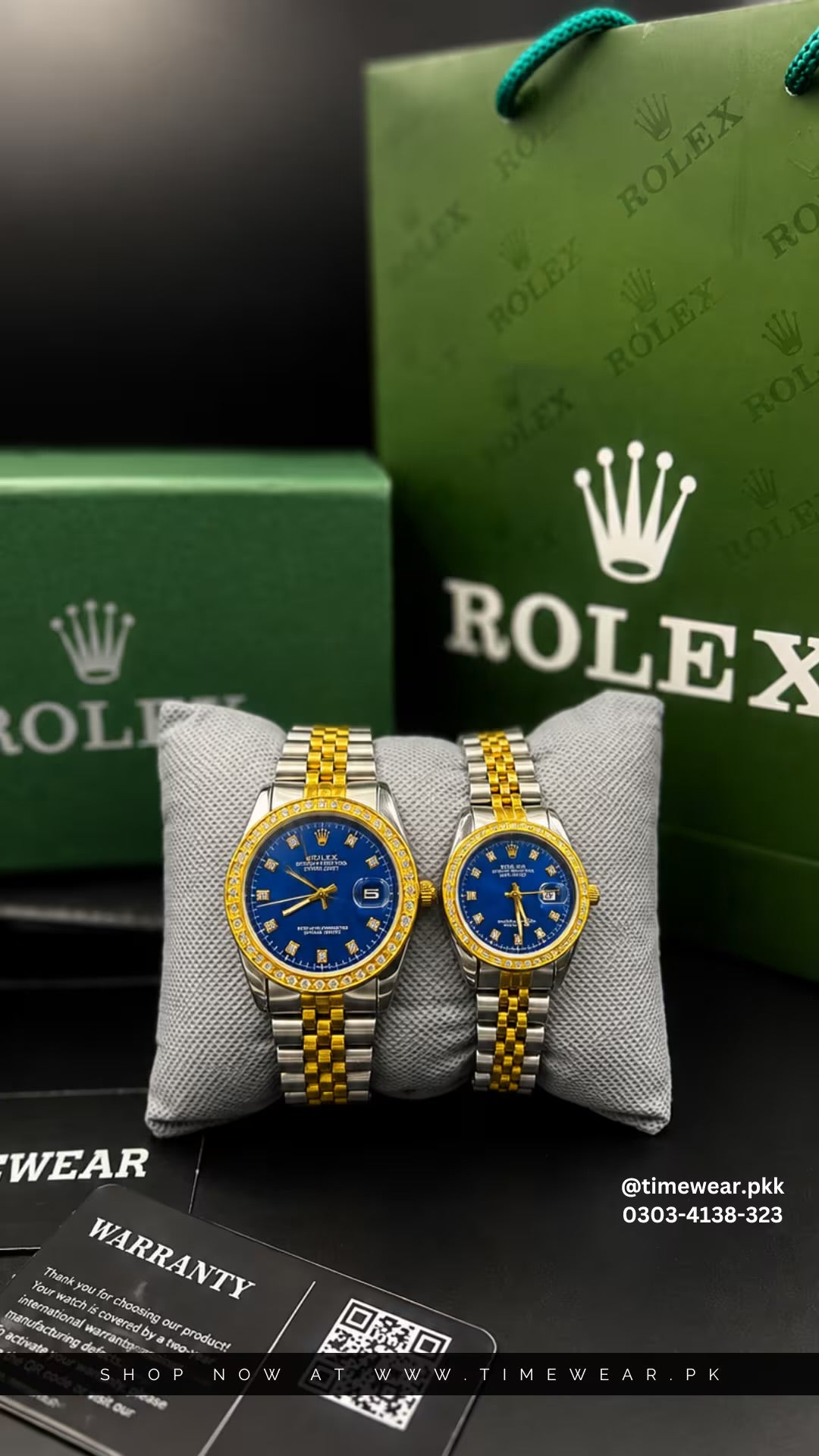 Rolex Couple Stone Date NW (TT-Blue) With Free Couple Necklace - Premium Rolex Box & One Year Warranty