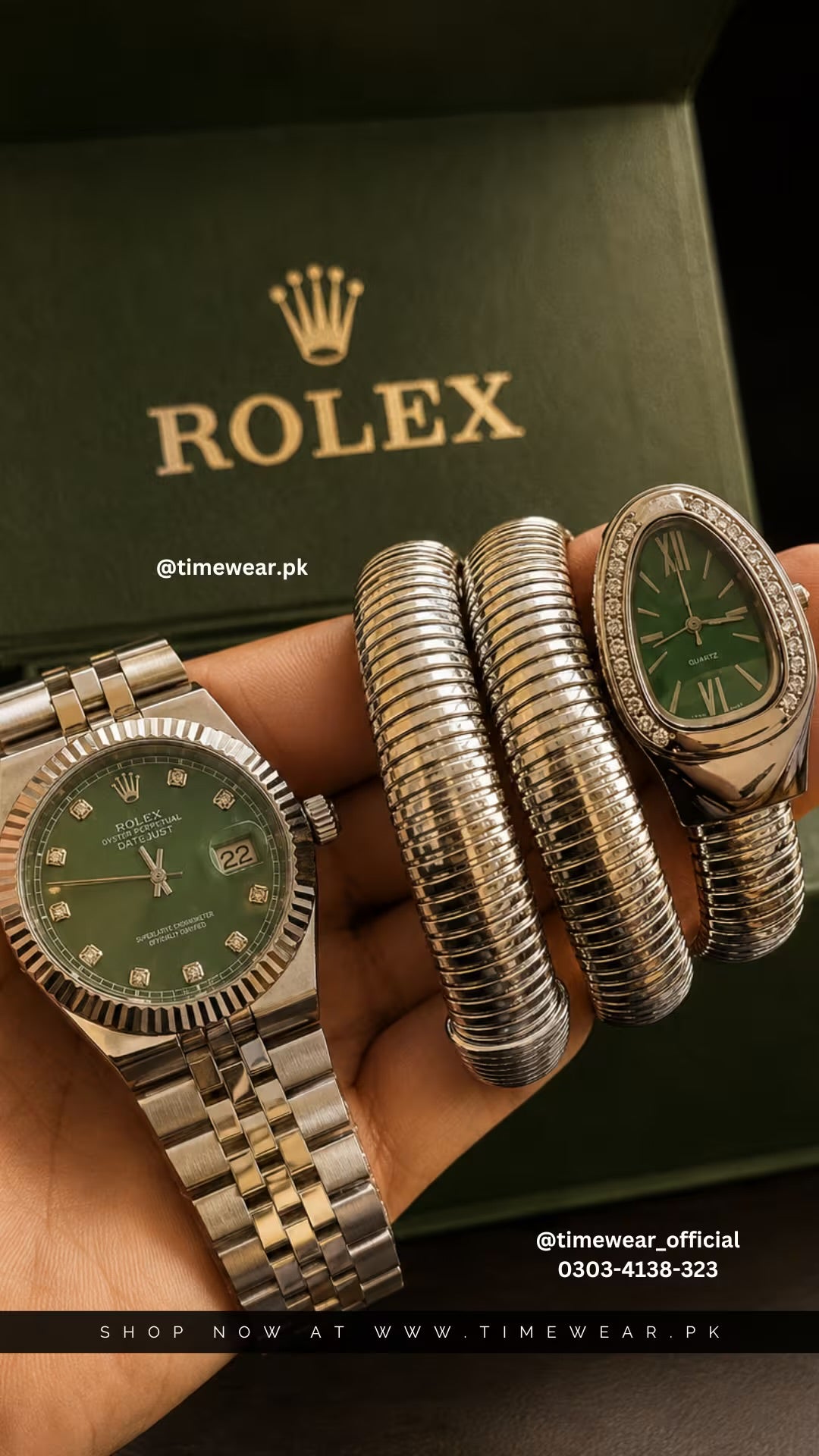 Rolex Silver Green Couple Watch with Patek Premium Box & One Year Warranty