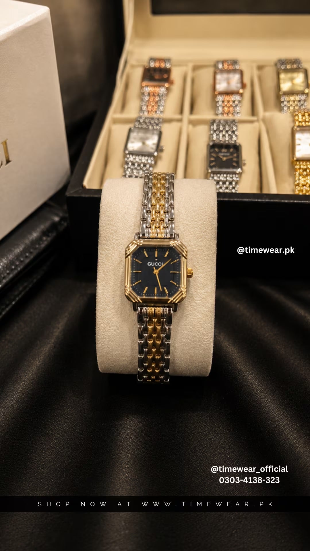Gucci Square Two Tone Golden Chain Black Dial with Gucci Box & One Year Warranty
