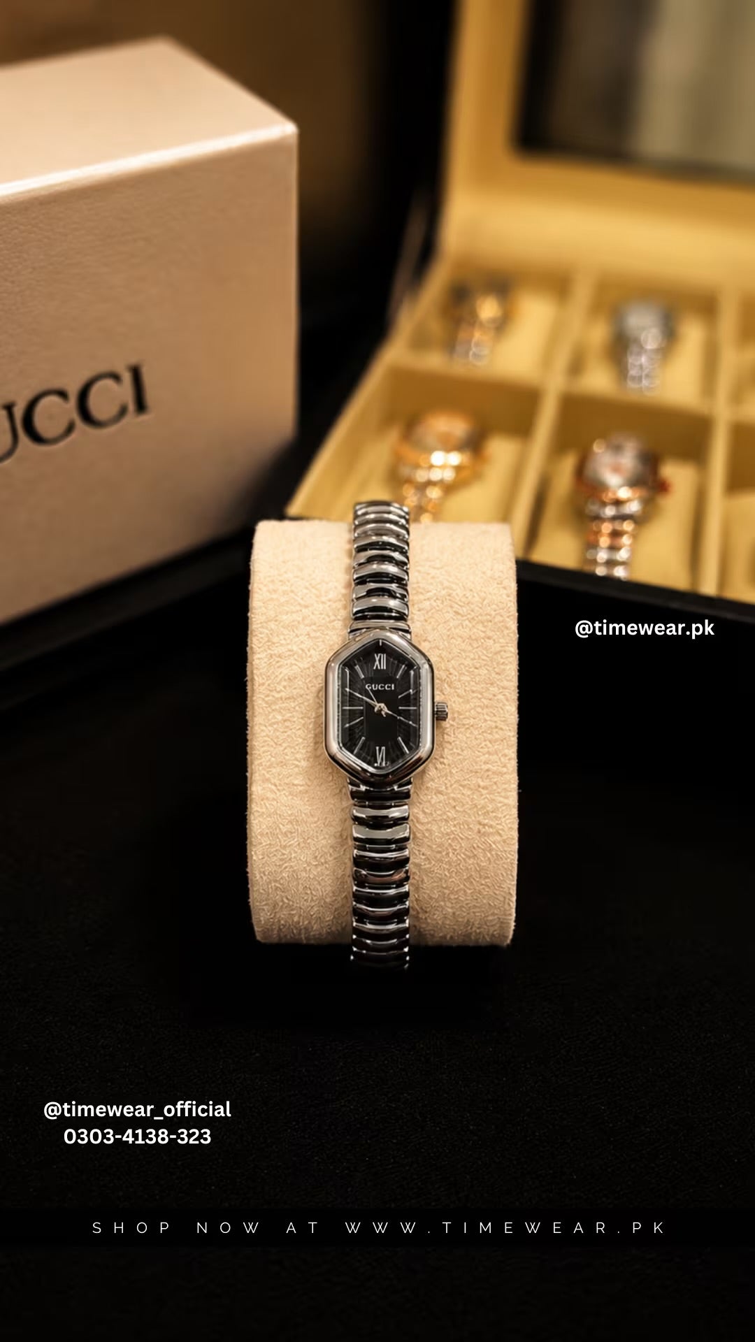 Gucci Ladies Silver Chain Black Dial with Gucci Box & One Year Warranty