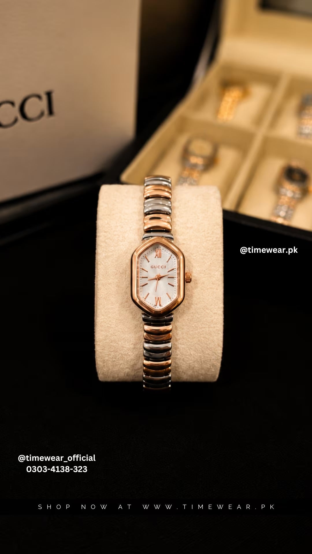 Gucci Ladies Two Tone Copper Chain White Dial with Gucci Box & One Year Warranty