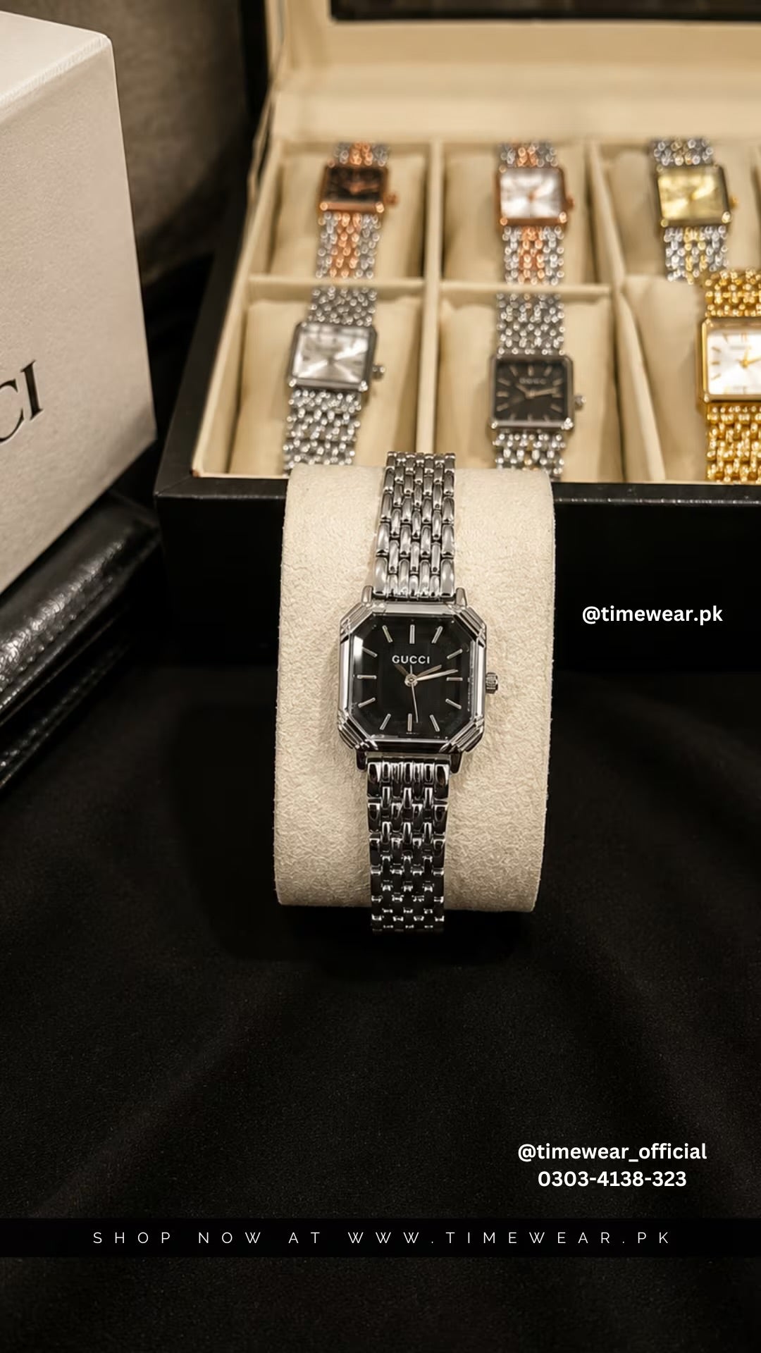 Gucci Square Silver Chain Black Dial with Gucci Box & One Year Warranty