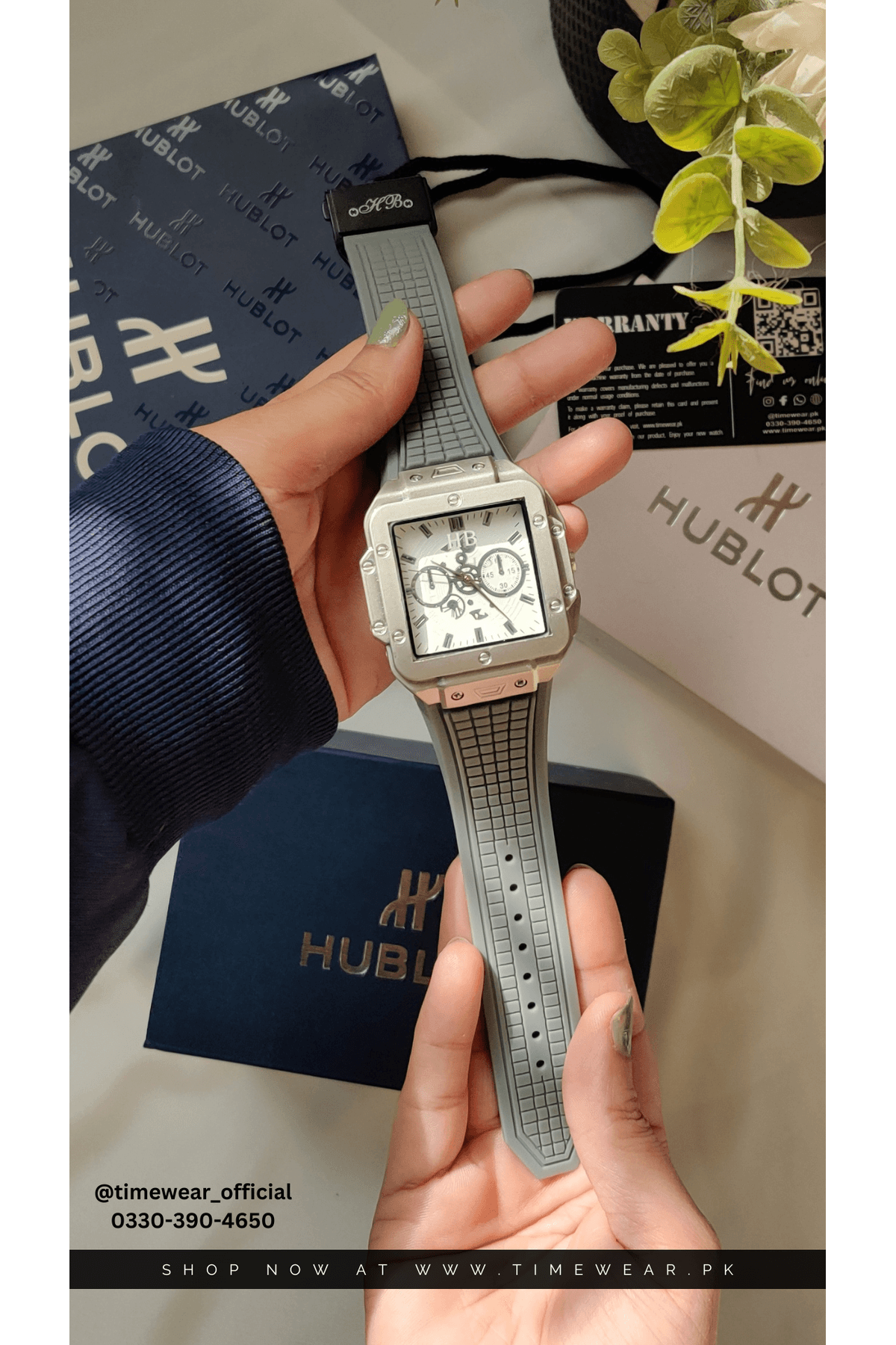 Hublot Square Gray Strap White Dial Adjustable Master Lock with Hublot Box