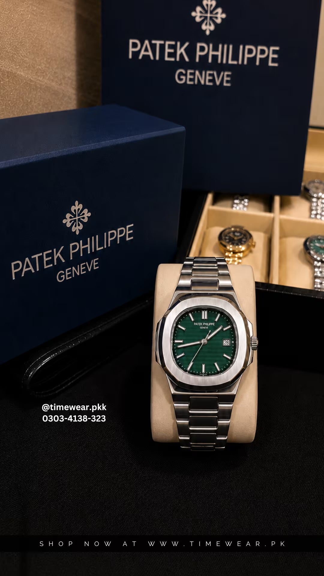 Patek Phillips Silver Chain Green Dial with Patek Premium Box, Bag & One Year Warranty Card