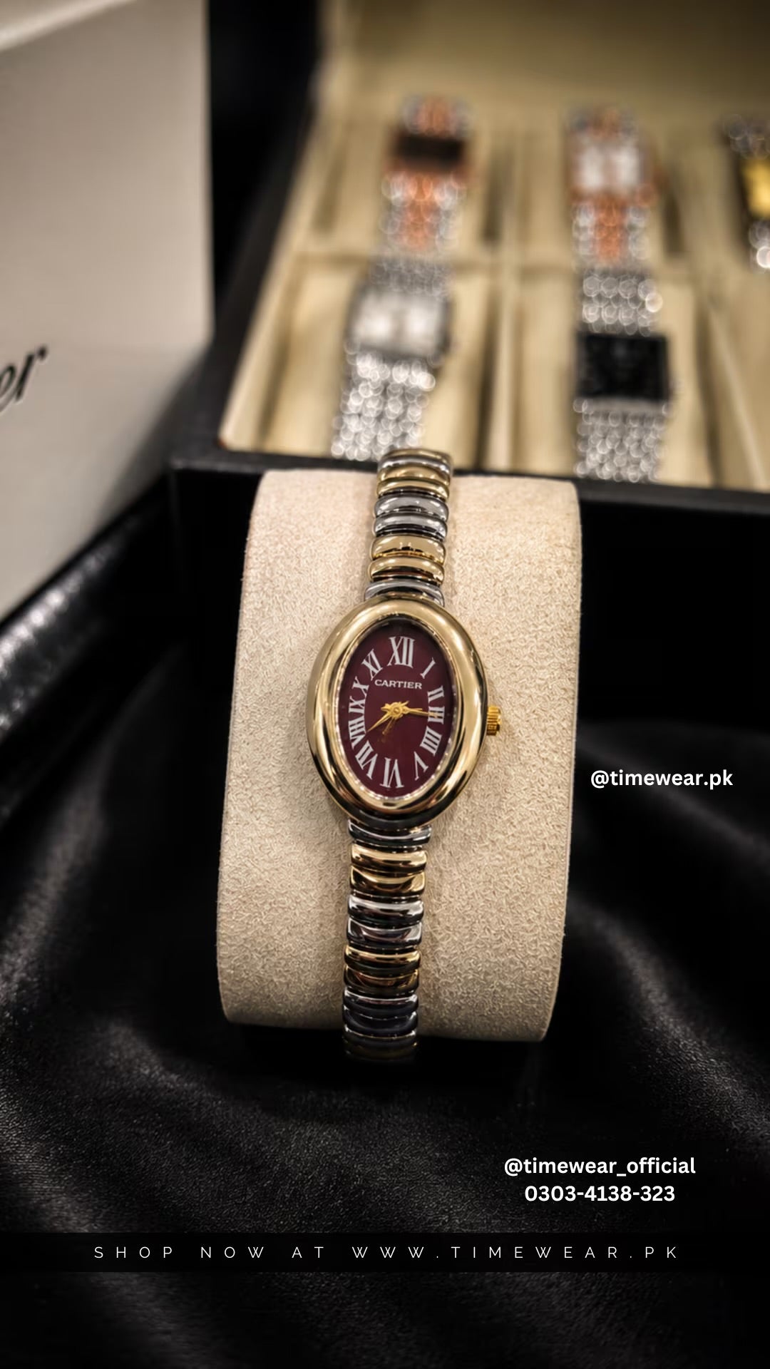 Cartier Oval Two Tone Golden Chain Red Dial with Cartier Box & One Year Warranty