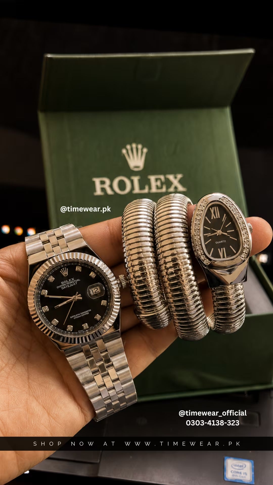 Rolex Silver Black Couple Watch with Patek Premium Box & One Year Warranty