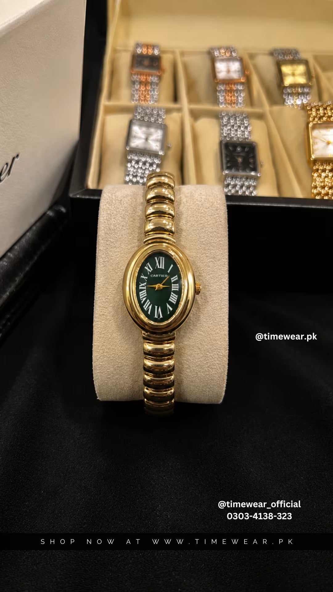 Cartier Oval Golden Chain Green Dial with Cartier Box & One Year Warranty
