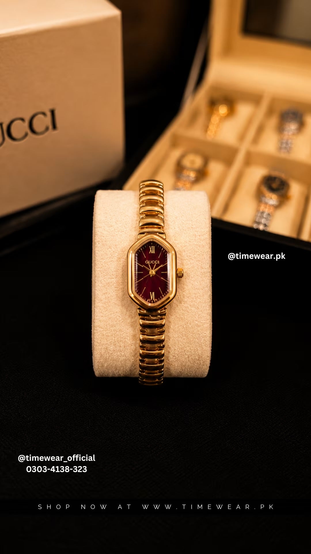 Gucci Ladies Golden Chain Red Dial with Gucci Box & One Year Warranty