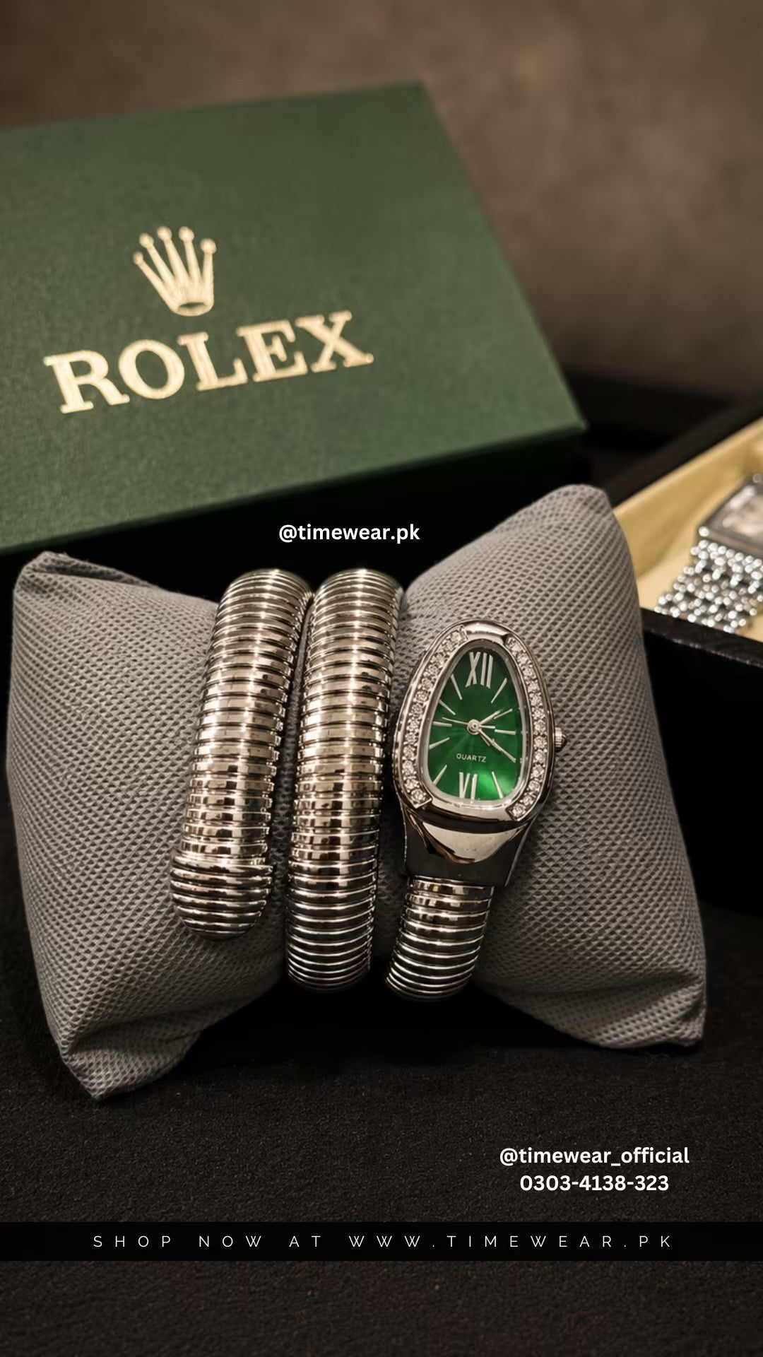Rolex Snake Chain Ladies Watch Silver Green with Rolex Box & One Year Warranty