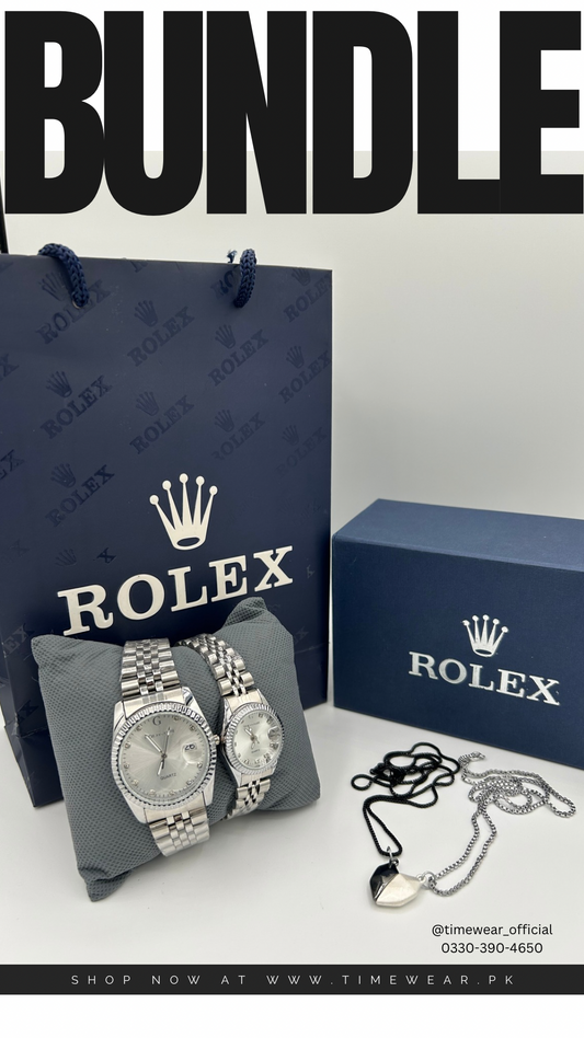 Bundle Offer | Couple Chain Watch + Magnetic Heart Necklace - Premium Rolex Box