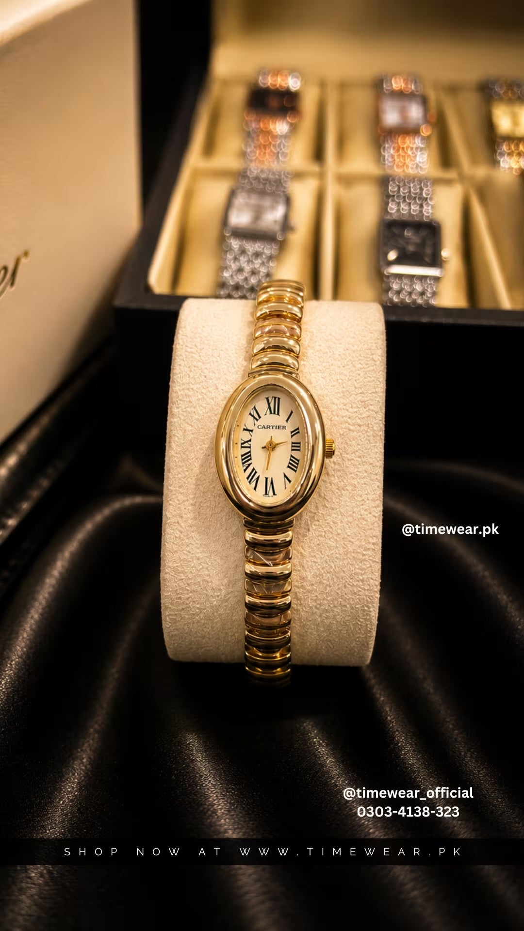 Cartier Oval Golden Chain Golden Dial with Cartier Box & One Year Warranty