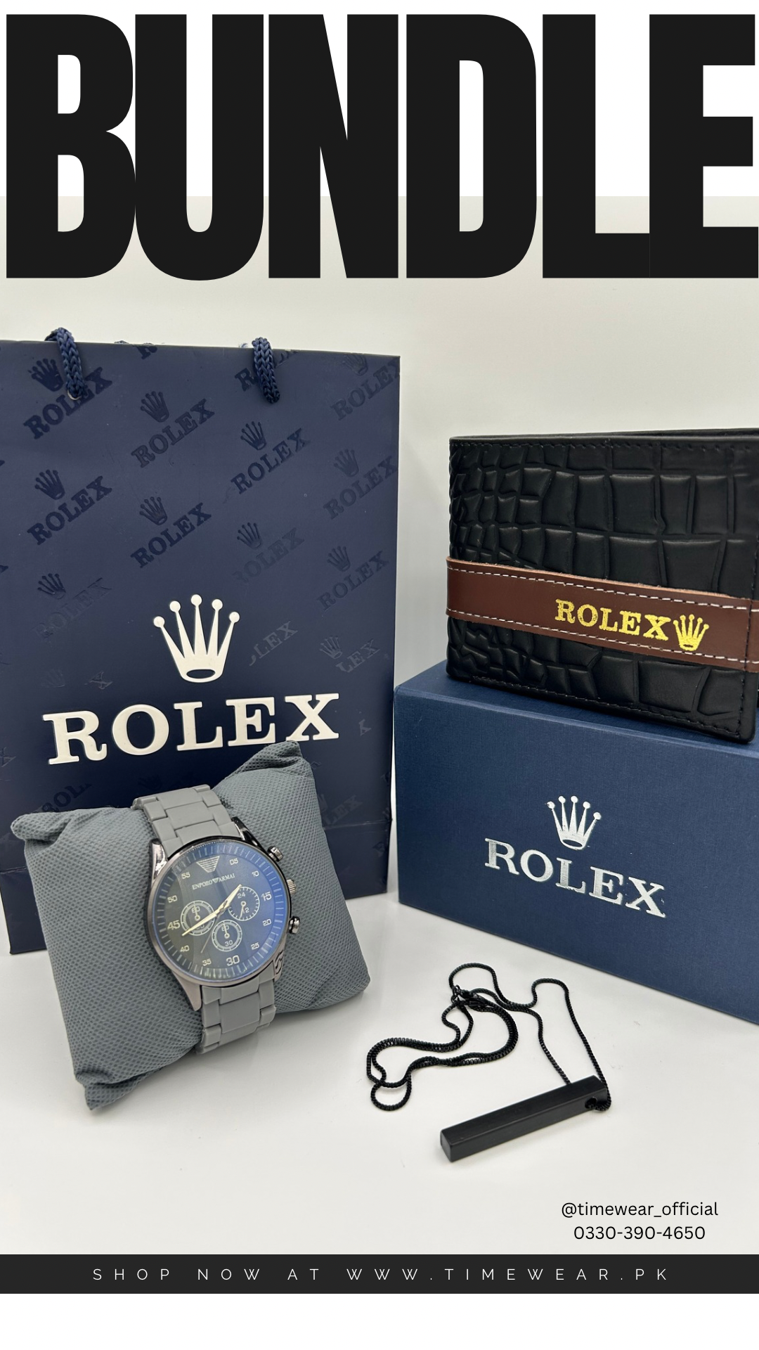 Gray Armani + Silver Bar Locket + Wallet + Rolex Box & Bag (Bundle Offer)