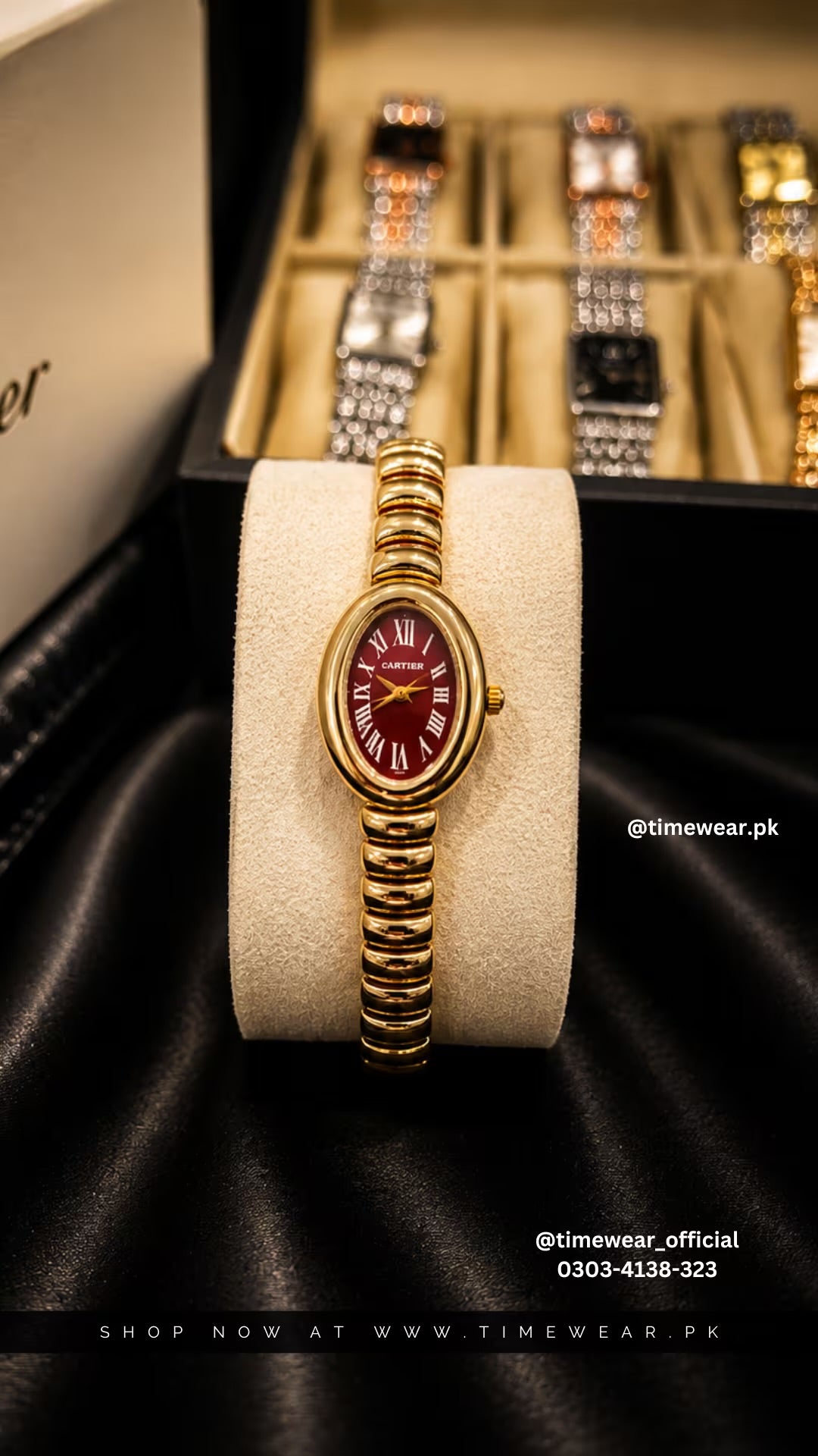 Cartier Oval Golden Chain Red Dial with Cartier Box & One Year Warranty