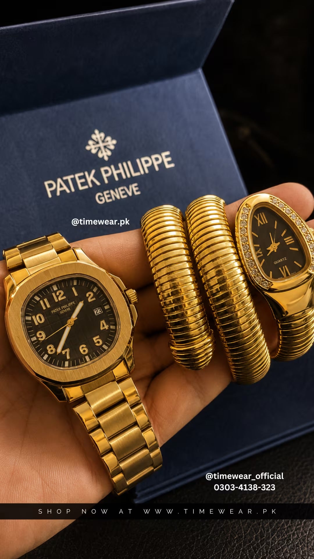 Patek Golden Black Couple Watch with Patek Premium Box & One Year Warranty