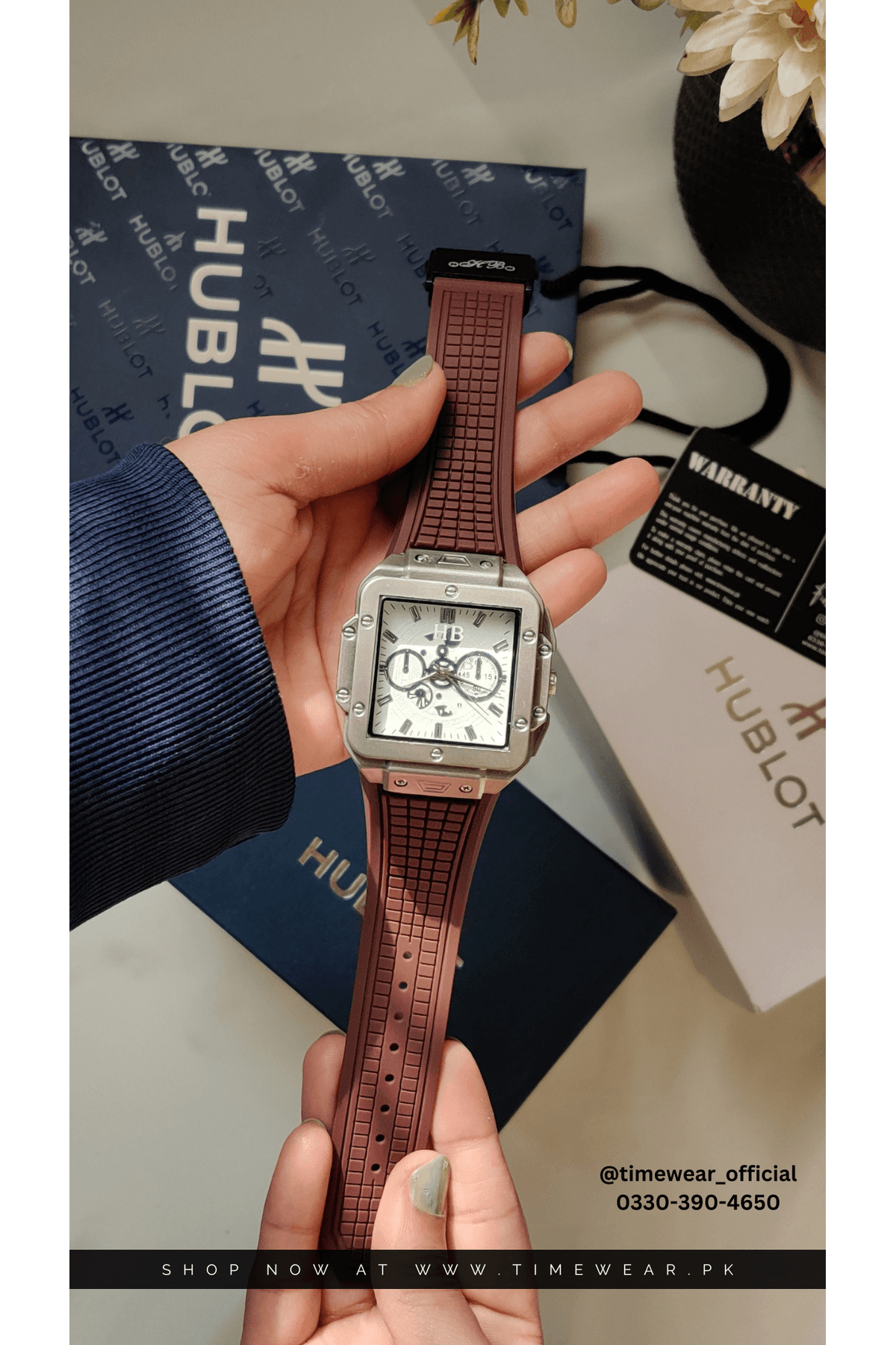 Hublot Square Brown Strap White Dial  Adjustable Master Lock with Hublot Box