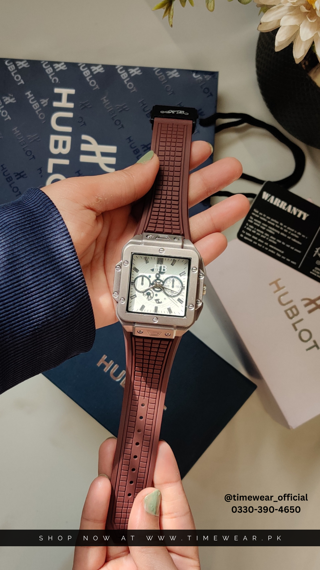 Hublot Square Brown Strap White Dial  Adjustable Master Lock with Hublot Box