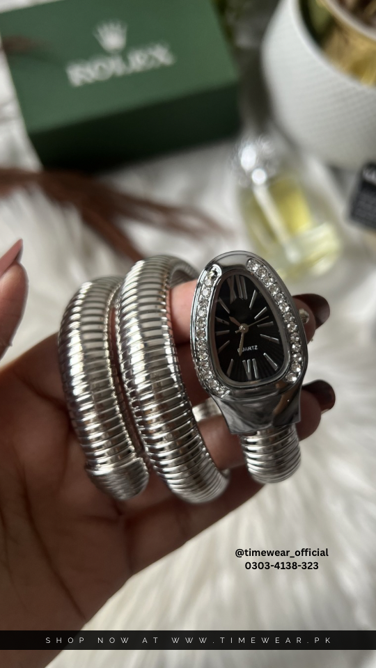 Rolex Snake Chain Ladies Watch Silver Black with Rolex Box & One Year Warranty m