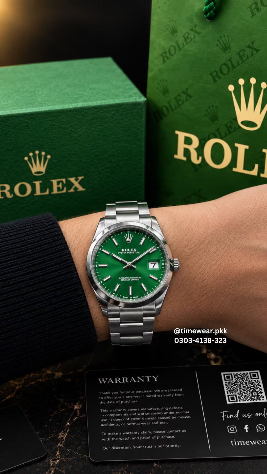 Rolex Gents (BL-Date-Green) with Rolex Box & One Year Machine Warranty