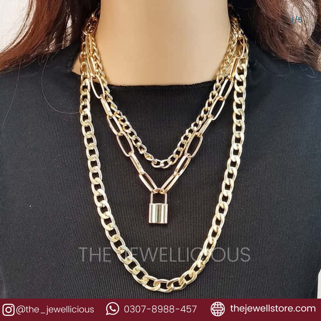 3 layered lock thick chain necklace