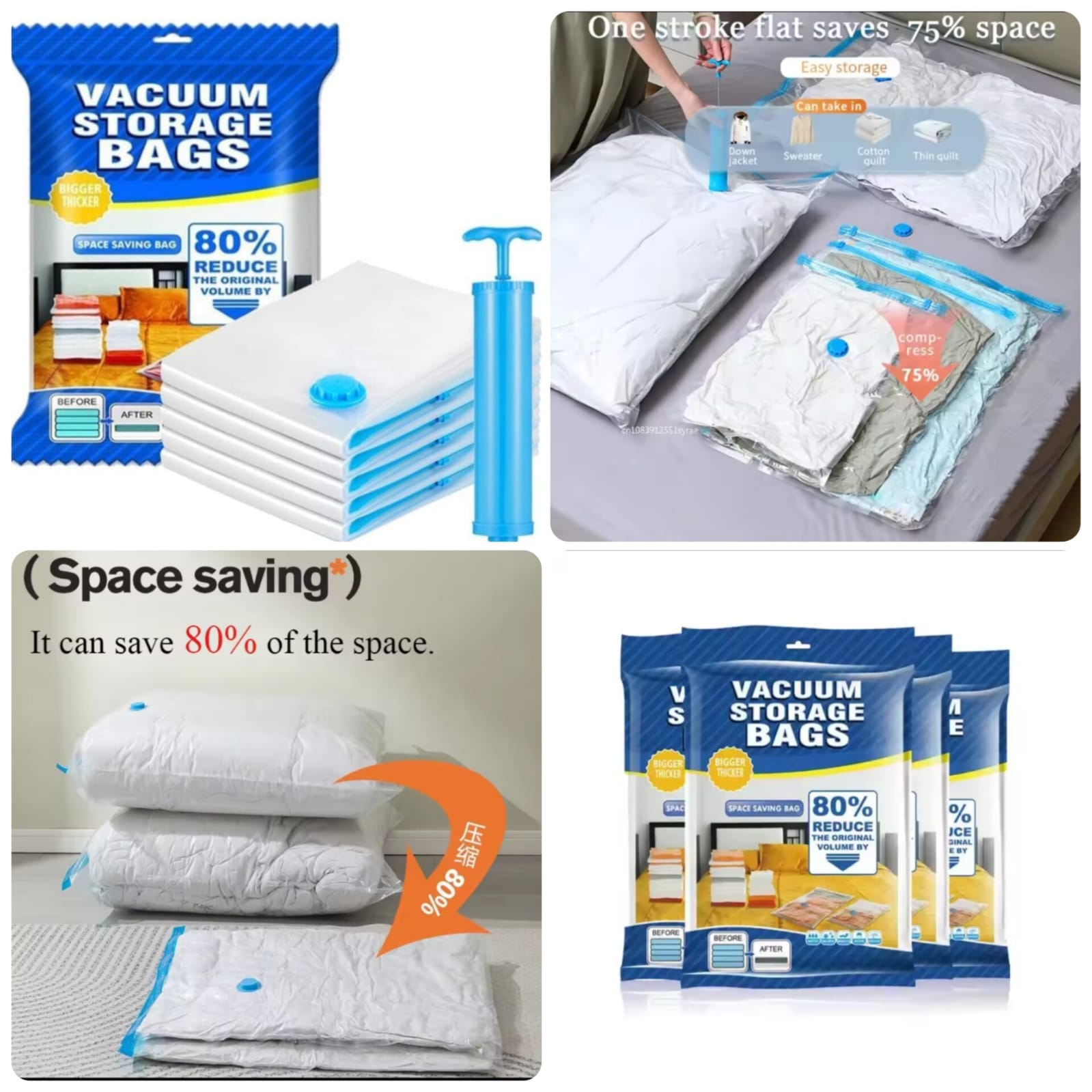 Vacume Storage Bags 5 pcs Set with Hand pump Best For Traveling to save up to 80% space