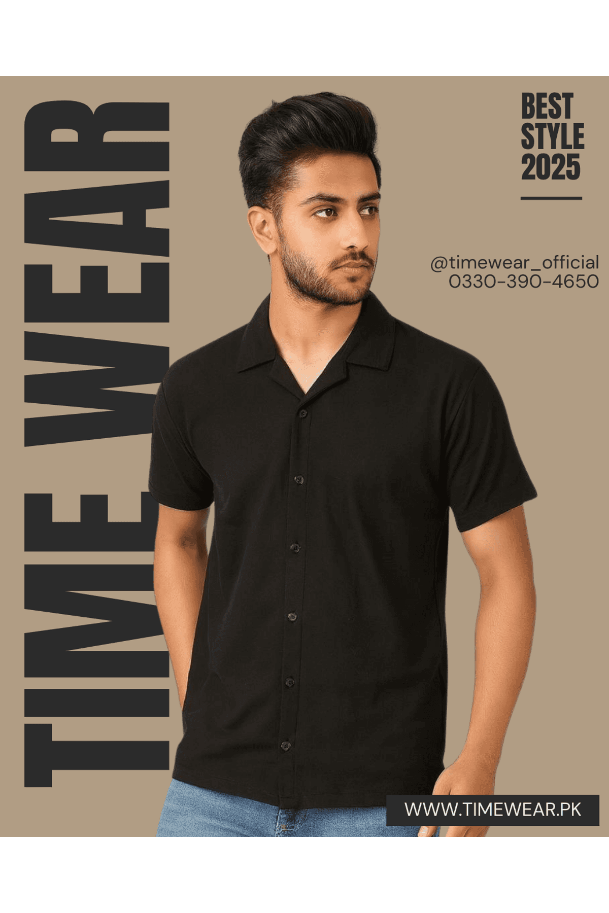 Cuban Collar Waffle Knitted Shirt - Black