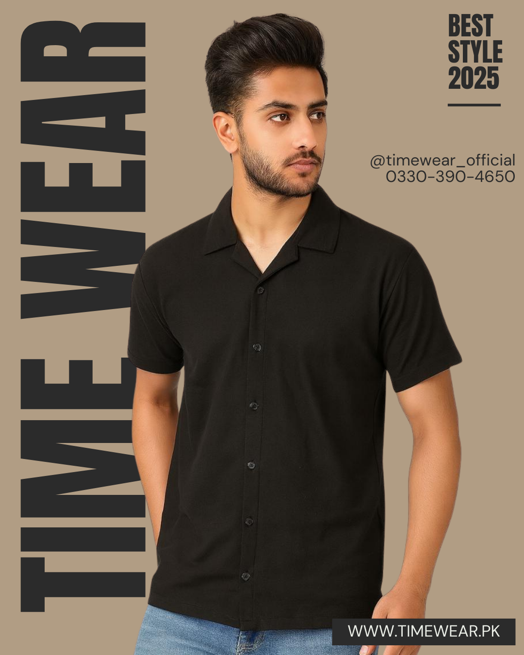 Cuban Collar Waffle Knitted Shirt - Black