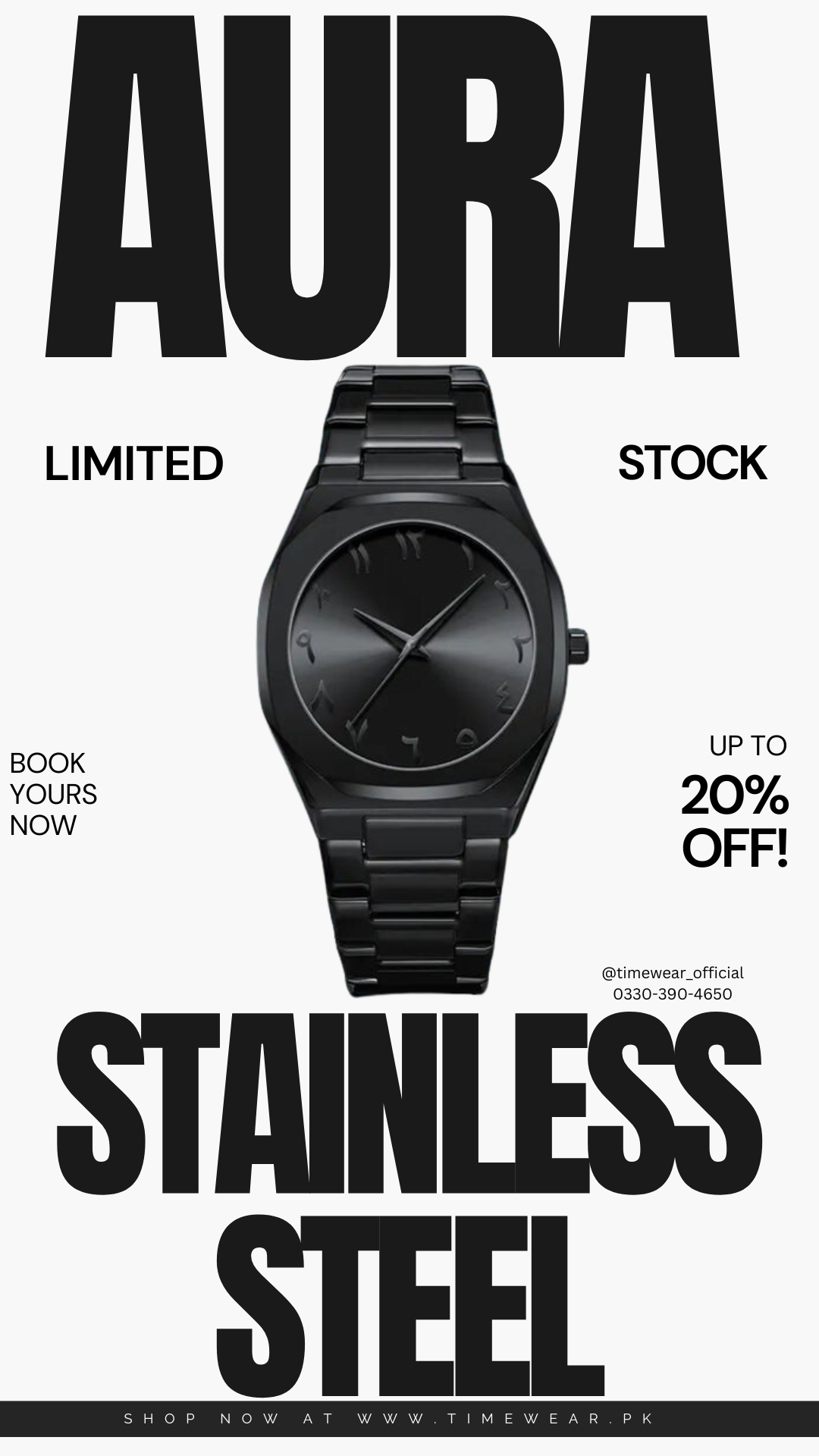 Arabic Aura Stainless Steel Gents Watch - (AURA Box & One Year Warranty Card)