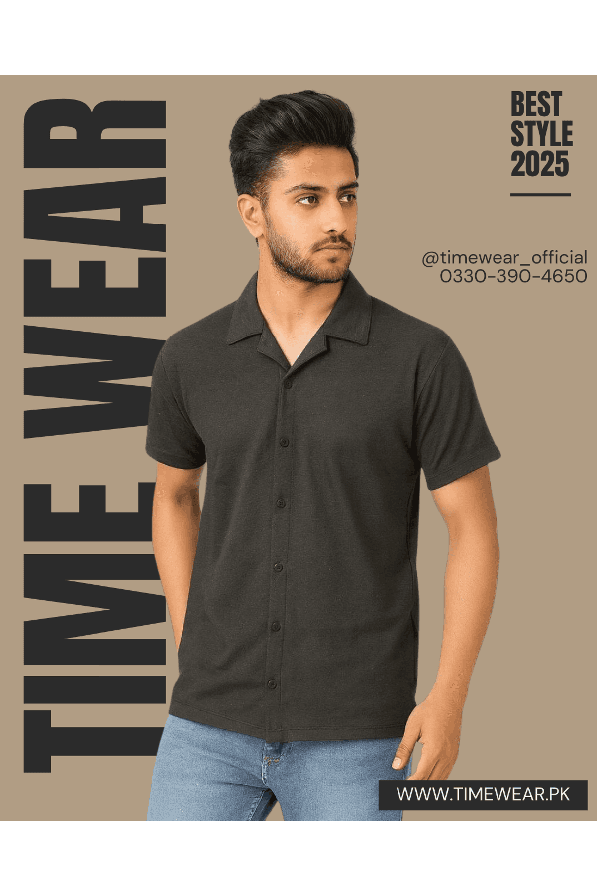 Cuban Collar Waffle Knitted Shirt - Charcoal