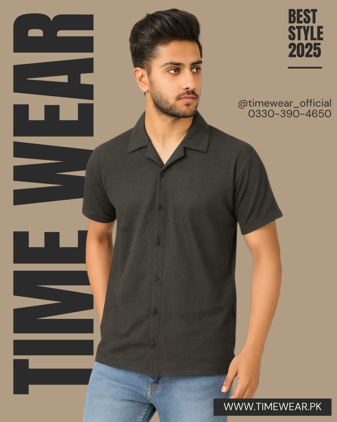 Cuban Collar Waffle Knitted Shirt - Charcoal